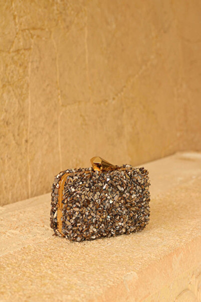 EMNORA Brightness Taşlı Clutch Çanta Tozlu Kahve