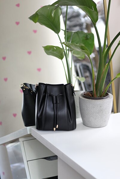 Moom Bag Mână neagră pentru femei cu detaliu încrețit curele geantă de umăr