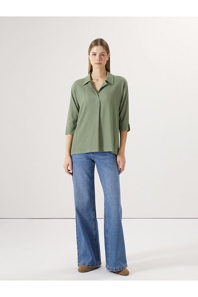 LC Waikiki LCWAIKIKI Basic Πράσινο πουκάμισο με υφή γιακά Oversize Γυναικεία Μπλούζα