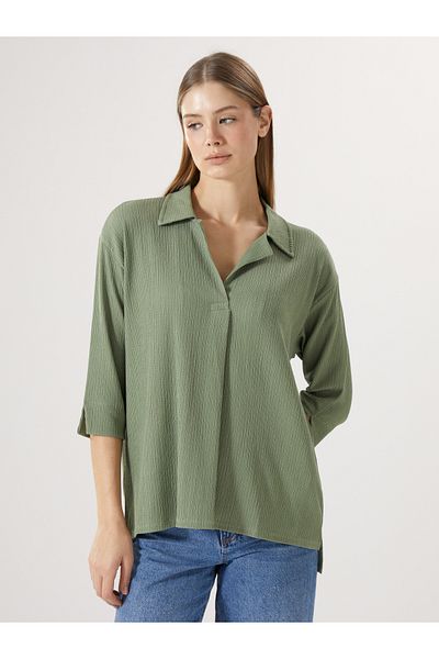 LC Waikiki LCWAIKIKI Basic Πράσινο πουκάμισο με υφή γιακά Oversize Γυναικεία Μπλούζα