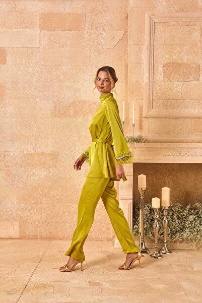 EMNORA Satin Set with Feathered Handle and Stone Detail Olive Green