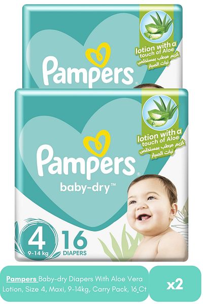 Pampers Baby-dry Diapers With Aloe Vera Lotion, Size 4, Maxi, 9-14kg, Carry Pack, 16 Ct X2