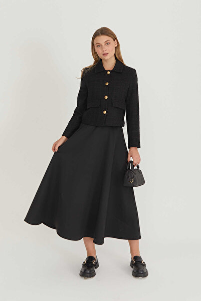 EMNORA Waist Elastic Detailed Scuba Flared Skirt Black