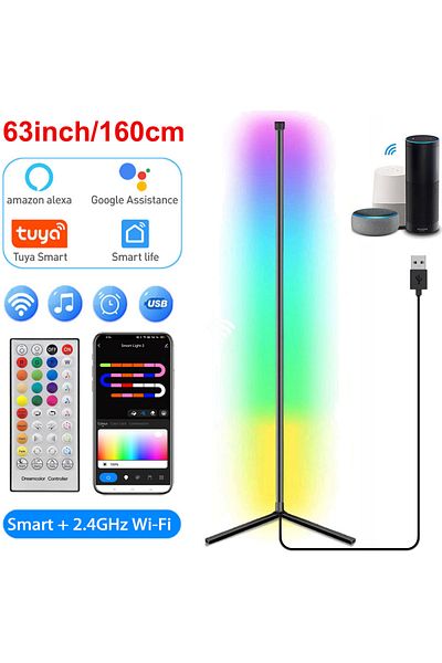 Choice RGB - 160 سم (63 بوصة) واي فاي 40 مفتاحًا أسود 160 سم مصباح أرضي ذكي Tuya زاوية قابل للتعتيم RGB LED حديث