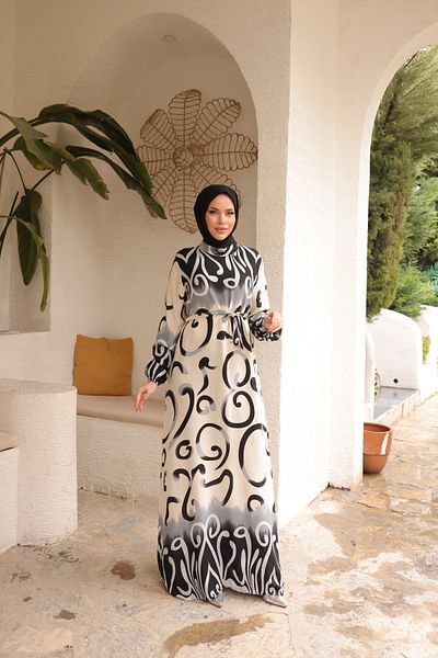 Zaure Women's Hijab Patterned Belted Long Viscose Dress