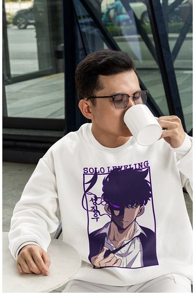 Fuddy Moda Υπερμεγέθη φούτερ Sung Jinwoo με στάμπα χωρίς κουκούλα, Unisex Solo Leveling Anime Crew Neck Sweat
