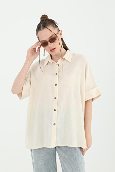 Soul Kadın Arka Roba Dantelli Kısa Kollu Gömlek -24S-31792GML - Bej