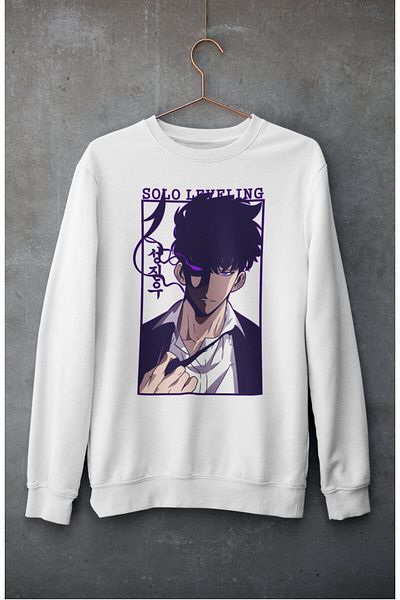 Fuddy Moda Υπερμεγέθη φούτερ Sung Jinwoo με στάμπα χωρίς κουκούλα, Unisex Solo Leveling Anime Crew Neck Sweat