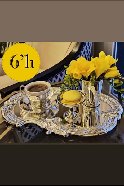 Kalya Concept Set of 6 Silver Lace Pattern Coffee Presentation Tray - Fashionable and Elegant Presentation Tray (21X30 cm)