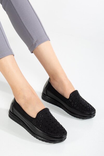 Dilimler Ayakkabı Ortopedické dámské boty pro volný čas z pravé kůže Černá strečová a kamenná plochá podrážka