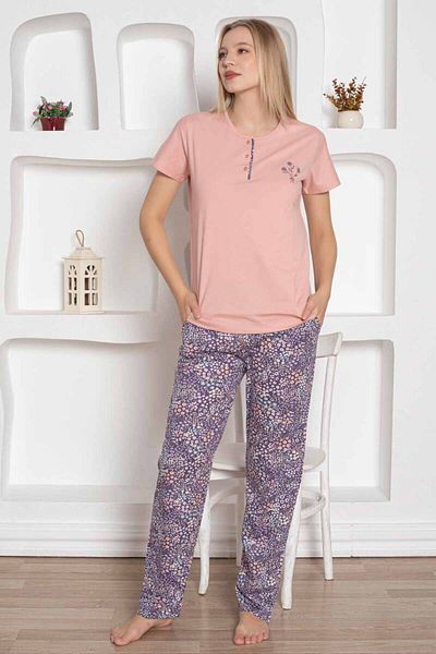 ALİMER Women's Floral Print Pajamas Set - Powder Embroidered Combed Cotton Short Sleeve 2767Ky