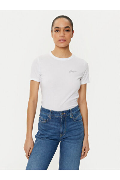 BOSS Kadın Dokuma Kumaş Dar Kalıp Yuvarlak Yakalı Kısa Kollu Beyaz1 T-Shirt 5...