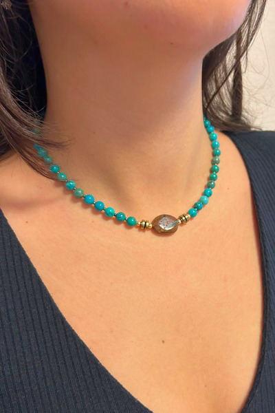 Suerte Accessories Turquoise Natural Stone Brown Agate Natural Stone Nib Special Design Handmade Necklace