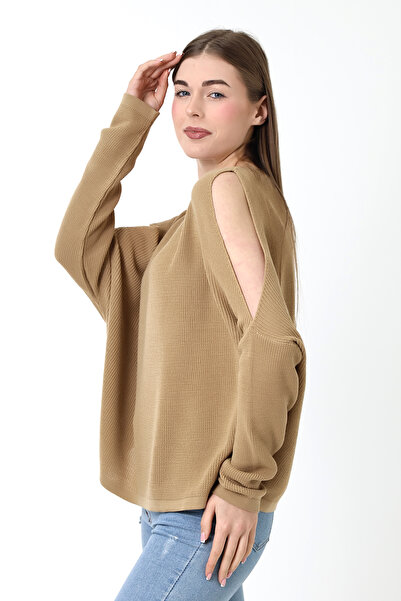 Devinka Γυναικεία Καφέ Μανίκια Λεπτομερής Πλεκτή Μπλούζα με λαιμόκοψη V