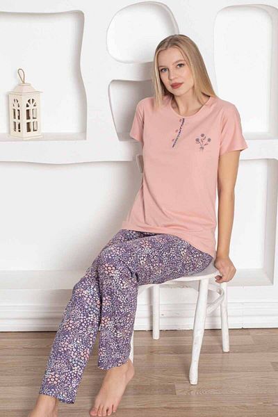 ALİMER Women's Floral Print Pajamas Set - Powder Embroidered Combed Cotton Short Sleeve 2767Ky