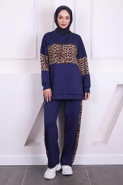 İmajButik Σετ παντελόνι τουνίκ Navy Blue Leopard Modal