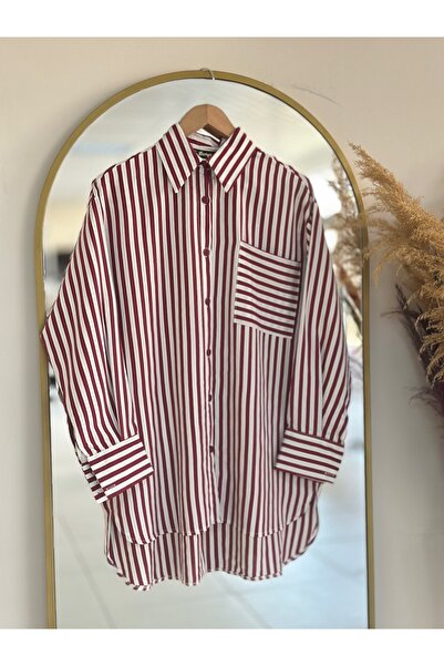 Ebrar Store Esra Front Short Back Long Stripe Shirt-Mf469 Burgundy
