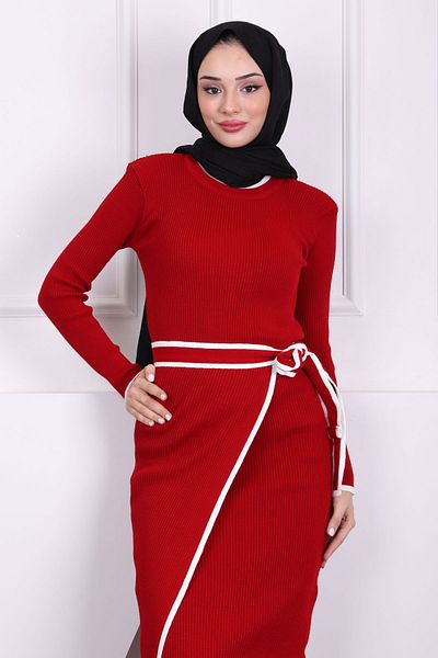 İmajButik Red Side Tie Detailed Ribbed Double Knitwear Dress