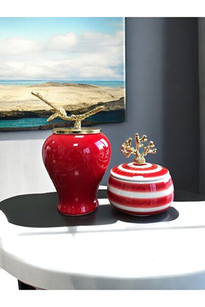 ferayhome Dekoratif Obje Gold Dallı Kırmızı Şah Küp Mercan Zamaklı Klasik Zeb...