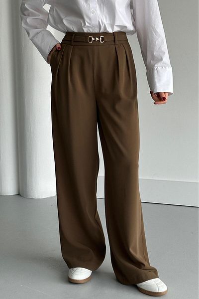 Madmext Khaki High Waist Belted Wide Leg Women's Trousers Mg2297
