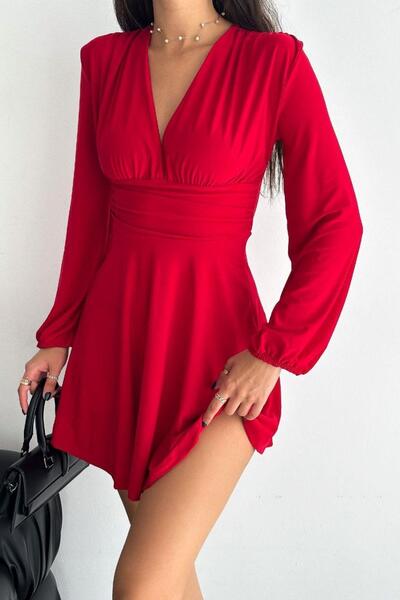Mossta V-Neck Sleeve Gathered Flared Sandy Dress Red