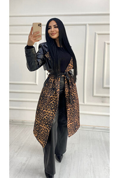 BERİ BUTİK Kadın Deri Desenli Leopar Kuşaklı Siyah Trençkot