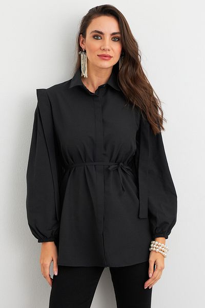 Cool & Modest Schwarzes Basic-Shirt – Bindedetail, MASF185