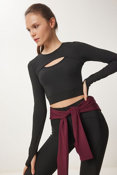 Happiness İstanbul Women's Black Finger Detailed Knitted Sports Sweatshirt with Window Vx00010