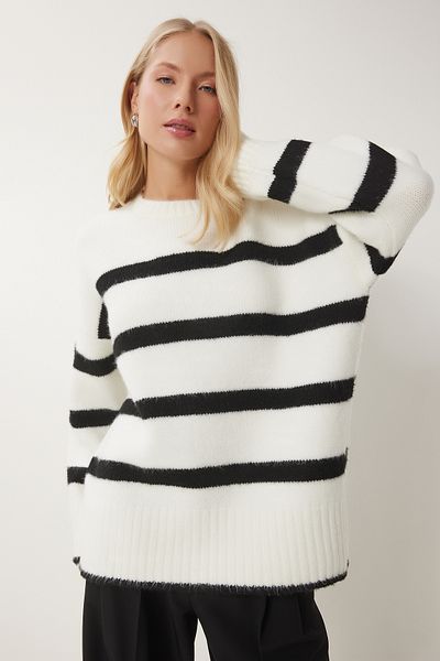 Happiness İstanbul Women's Ecru Black Crew Neck Striped Knitwear Sweater Pf00107