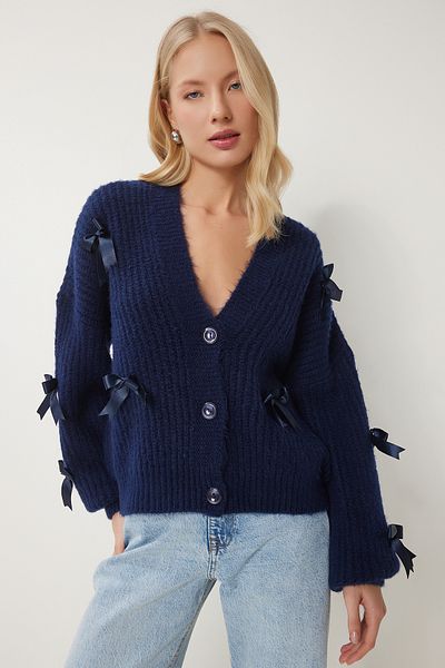 Happiness İstanbul Women's Navy Blue Bow Knitwear Cardigan Pf00095