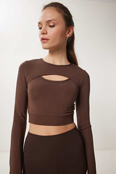 Happiness İstanbul Γυναικείο καφέ δάχτυλο με λεπτομερή πλεκτό αθλητικό φούτερ VX00010