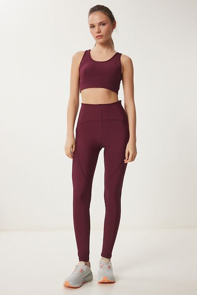 Happiness İstanbul Sport-Strick-Leggings für Damen in Burgunderrot – VX00006