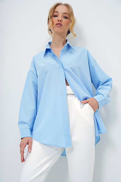 Trend Alaçatı Stili Kadın Bebe Mavi Oversize Uzun Dokuma Gömlek ALC-X6828