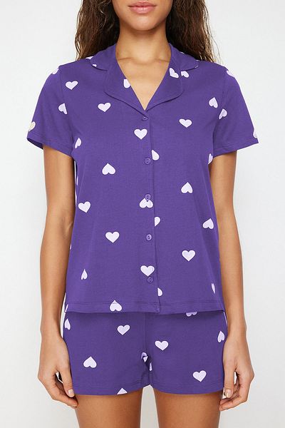 Trendyol Collection Sada pyžama Heart Lilac Shorts 100% bavlna - THMSS21PT0756
