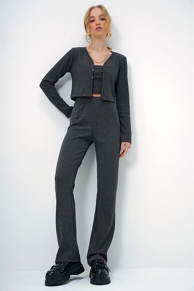 Trend Alaçatı Stili V-Neck Crop Cardigan and Palazzo Pants Set - Anthracite Cotton, Rope Strap Bustier Alc-X13455