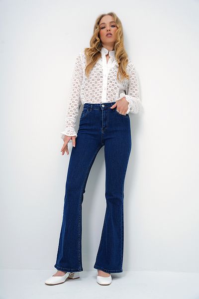 Trend Alaçatı Stili Women's Navy Blue High Waist Wash Spanish Leg Jean Trousers Alc-X13404