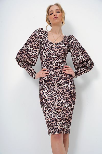 Trend Alaçatı Stili Braunes, schwarzes Scuba-Midikleid mit Leopardenmuster – U-Boot-Ausschnitt, Prinzessinnenärmel ALC-X13384