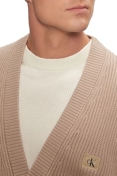 Calvin Klein Jeans CARDIGAN, PRE MUŽOV, V-NECK, DLHÉ RUKÁVY, PEVNÁ FARBA, S LOGOM, TLAČIDLO