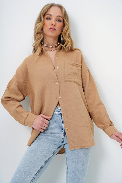 Trend Alaçatı Stili Γυναικείο μπεζ μονό τσεπάκι λινό Look Oversize υφαντό πουκάμισο ALC-X13344