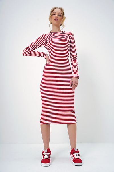 Trend Alaçatı Stili Women's Red Crew Neck Striped Midi Length Basic Dress Alc-X13368