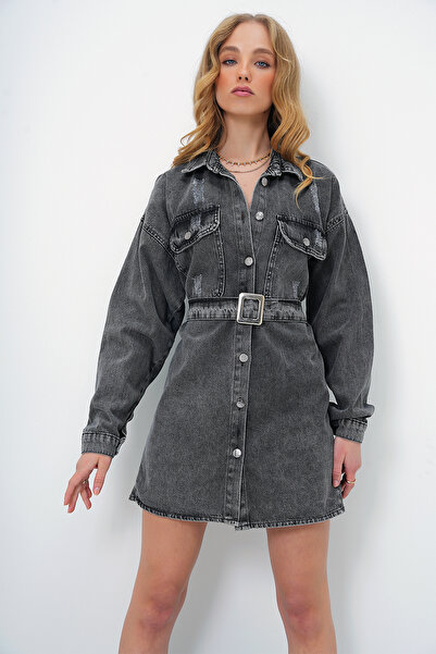 Trend Alaçatı Stili Γυναικείο Ανθρακί Διπλή Τσέπη με Ζώνη Jean Mini Φόρεμα ALC-X13397