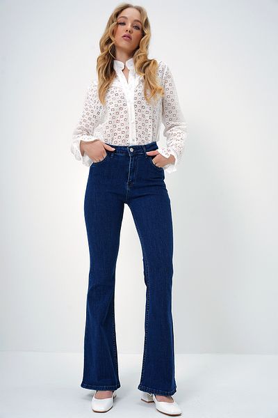 Trend Alaçatı Stili Women's Navy Blue High Waist Wash Spanish Leg Jean Trousers Alc-X13404