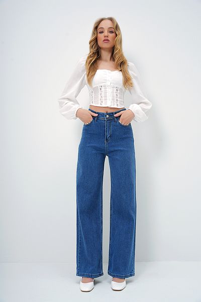 Trend Alaçatı Stili Women's Blue High Waist Wide Leg Palazzo Jean Trousers Alc-X13405