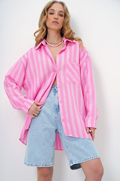 Trend Alaçatı Stili Γυναικείο υφαντό πουκάμισο σε ροζ χρώμα μεταβαλλόμενο με ...