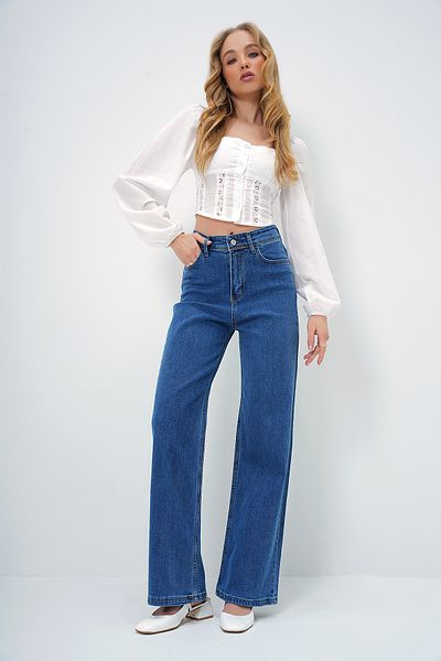 Trend Alaçatı Stili Women's Blue High Waist Wide Leg Palazzo Jean Trousers Alc-X13405