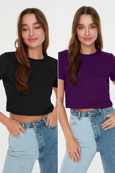 Trendyol Collection Purple-Anthracite 2-Pack 100% Cotton Crop Crew Neck Knitted T-Shirt Twoss20Ts1480