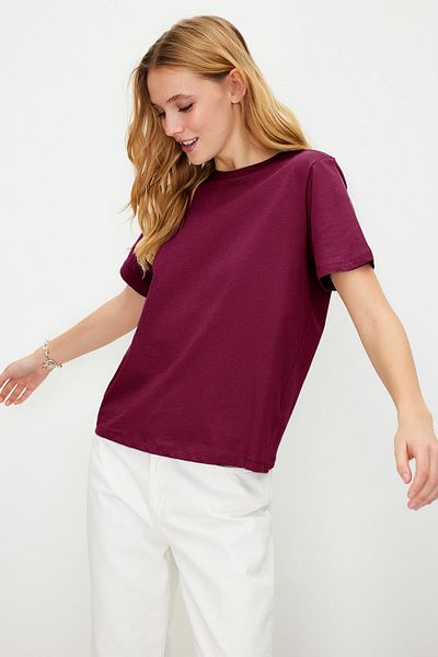 Trendyol Collection Dark Cherry 100 % Baumwolle Basic-Rundhals-Strick-T-Shirt TWOSS23TS00000