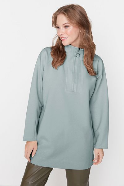Trendyol Modest Hellkhakifarbenes, übergroßes, detailliertes Taucher-/Scuba-Strick-Sweatshirt mit Reißverschluss TCTAW23TW00198