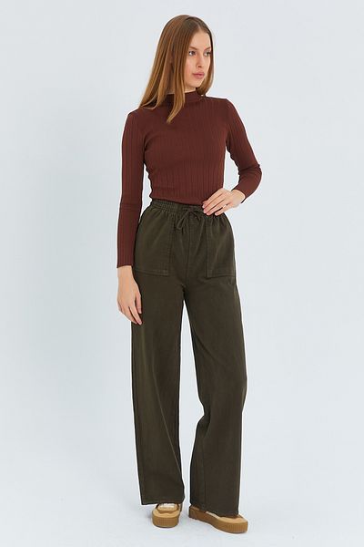 Trendyol Collection Denim Look Wide Leg Khaki Trousers with Pocket Detail, Twoss25Pl00076