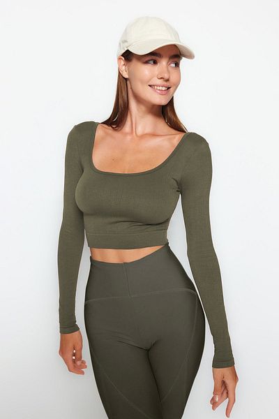 Trendyol Collection Khaki Seamless/Seamless Crop Extra dehnbares gestricktes Sportoberteil/Bluse TWOAW22BZ0450